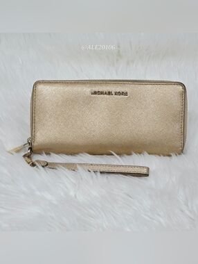 Michael Kors Gold Zip Around Wallet Wristlet Saffiano Leather Clutch